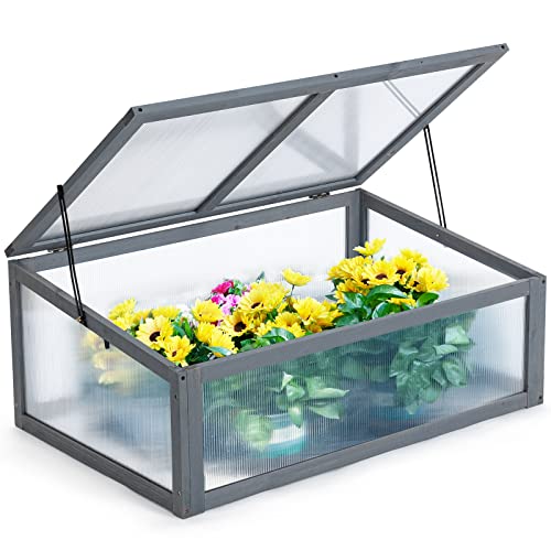 Avawing Portable Greenhouse, Wooden Cold Frame Mini Greenhouse With Foldable Top & Translucent Pc Protection Greenhouse Cabinet For Indoor Outdoor Patio Balcony Garden, Grey (39.3"X 25.6"X 15.7") #TOP1