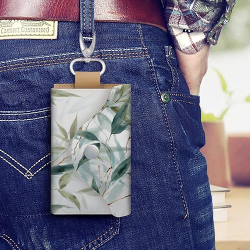 Light Green Leaves Key Holder Bag PU Leather ID Card Holder Keychains Case Cover for Men Women4