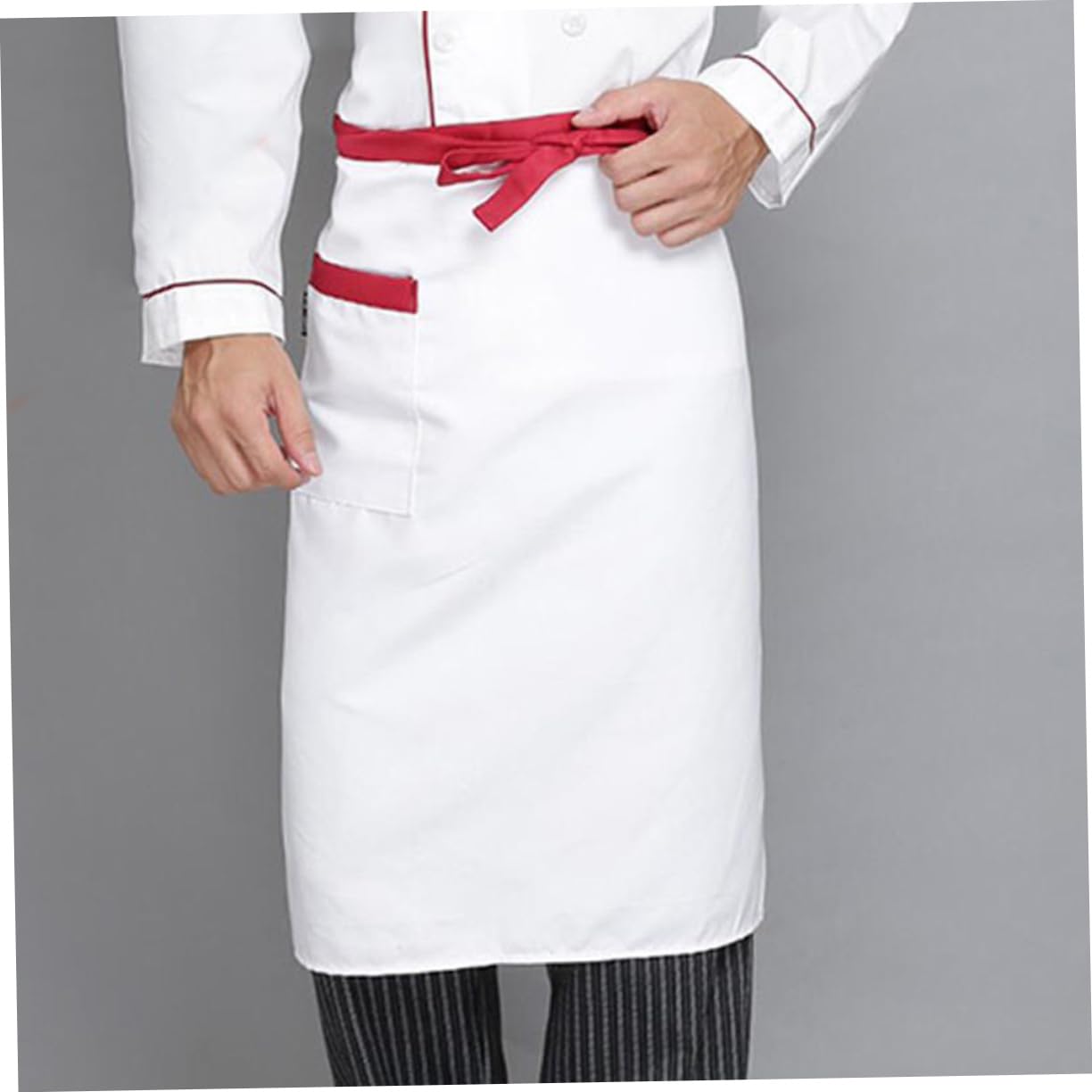 VINTORKY Unisex Short Chef Apron with Pocket White Red Rim Half Kitchen Apron for Waiters and Waitresses for Restaurants Cafes and Catering Events
