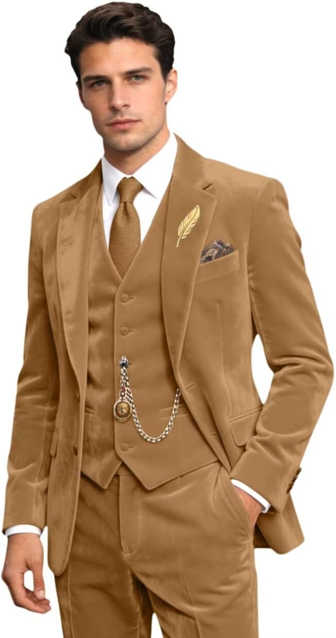 Retro Velvet Mens Suit 3 Piece Set Slim Fit Suits Jacket Blazer Vest Pants Velvet Tuxedos Sets for Men Wedding Prom Party