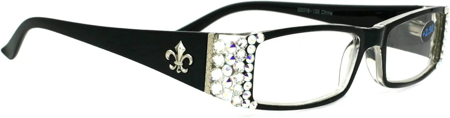 NY FIFTH AVENUE The French (Bling) Fleur De Lis Women Reading Glasses w (Clear + Aurora Borealis) Crystals (Black)