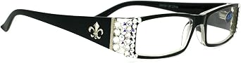 The French Bling Fleur De Lis Women Reading Glasses w Clear + Aurora Borealis Crystals Black