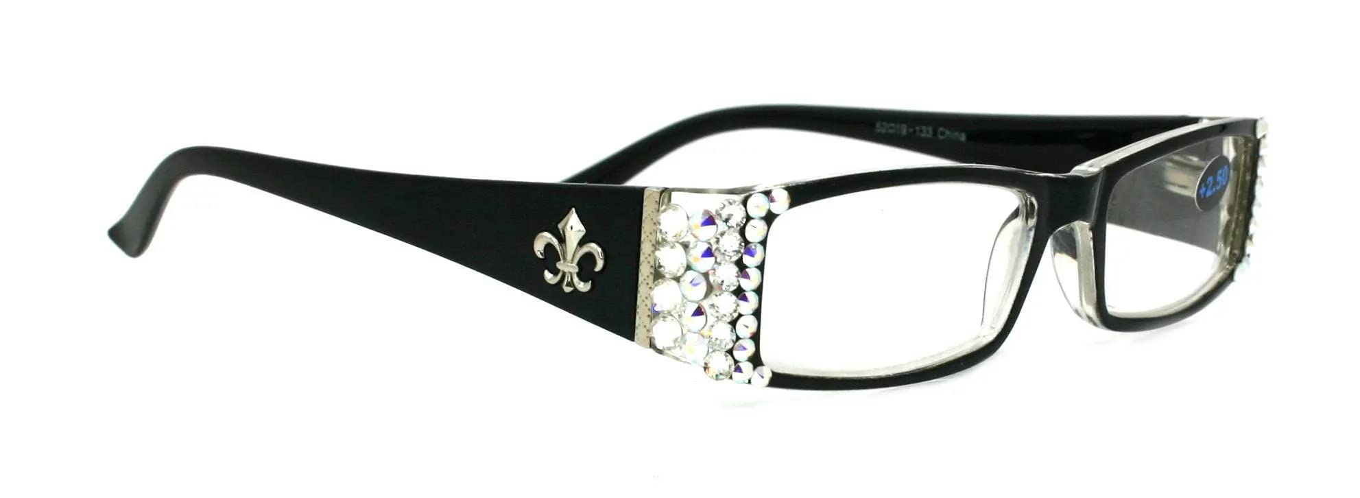 The French, (Bling) Fleur De Lis Women Reading Glasses Adorned with (Clear + Aurora Borealis) Austrian Crystals, Magnifying (Black) Rectangular. NY Fifth Avenue. (+2.75)
