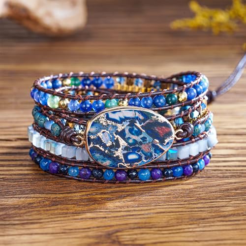Image of Plumiss Women Boho Handmade Natural Stone Crystal Leather Bead Wrap Bracelets Collection