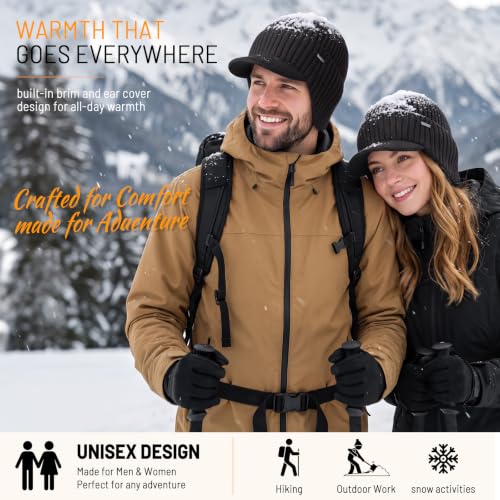 70% Wool Beanie with Brim & Earflaps Fleece Lined Winter Hats for Men Women | Ultra Soft Warm Plush Fleece Lining, Stretchy Fit, Cold Weather Gifts, Windproof Visor Beanie Hats for Skiing Hiking Outdoor - image 5