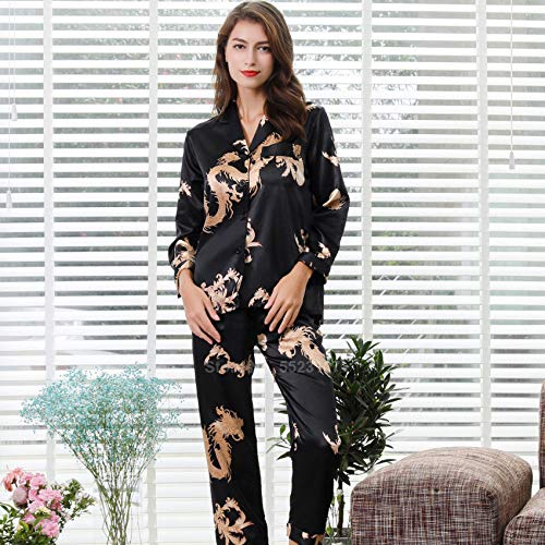 Pyjama satin femme noir à manches longues de style chinois avec imprimé dragon