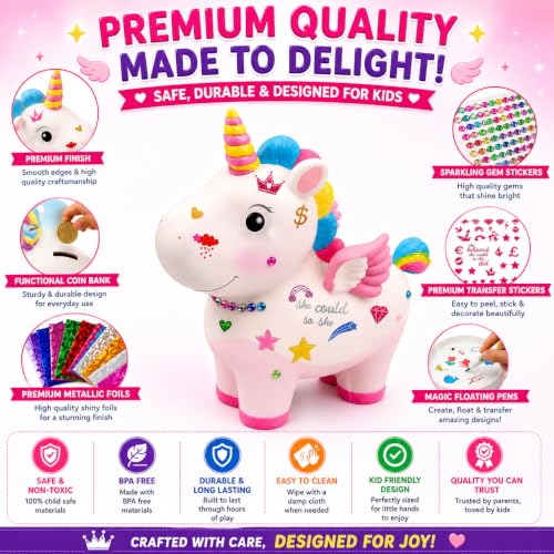 Image of PLUSPOINT DIY Unicorn Coin Bank Painting Kit for Kids Ages 5+ Paint Your Own Piggy Bank Craft Set with 6 Paints, 12 Magic Floating Pens, Metallic Foil Sheets, Stickers, Gems & Glitter, Creative Gift