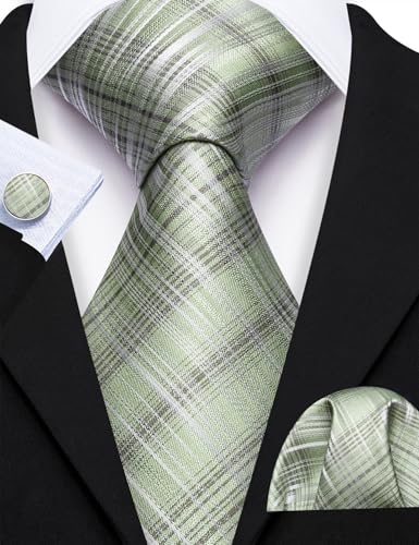 Image of Barry.Wang Plaid Ties Check Mens Necktie Set with Handkerchief Cufflinks Classic Stripe