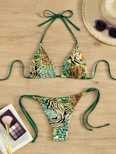 Image of Tainehs Women's Sexy Halter Thong Bikini Tie Two Sides Bottom Triangle Bikini Swimsuits