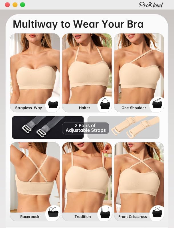ProKloud Strapless Push Up Bras for Women Wireless Bandeau Bra Non-Slip Silicone Tube Top Padded Convertible Bralette thumbnail