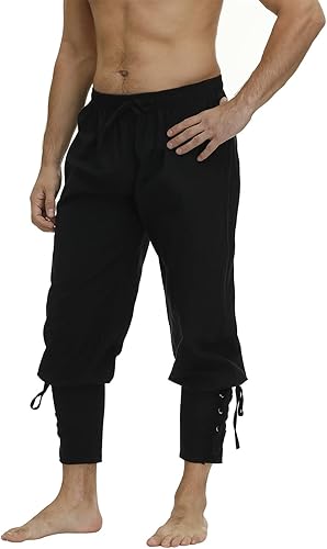 Kranchungel Pantalones renacentistas disfraz de pirata pantalones vikingos medievales con bandas de tobillo para hombre, disfraces de Halloween,