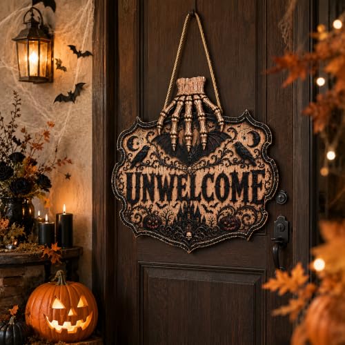 Image of Halloween Decorations - Gothic Unwelcome Wooden Sign for Front Door