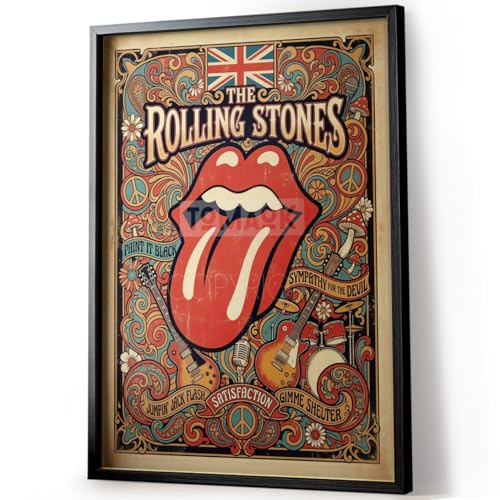Tomaok® - Poster Impression affiche d'art (Cadre Non Fourni) Affiche rock rétro bouche 'The Rolling Stones' aux ornements psychédéliques colorés, Déco...
