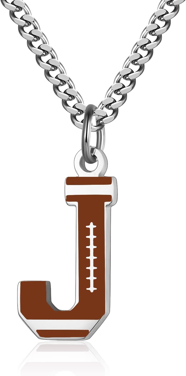 AIAINAGI Football Letter Necklace - Men's Football Charm Pendant, Stainless Steel Silver Chain, 22inch Personalized Gift