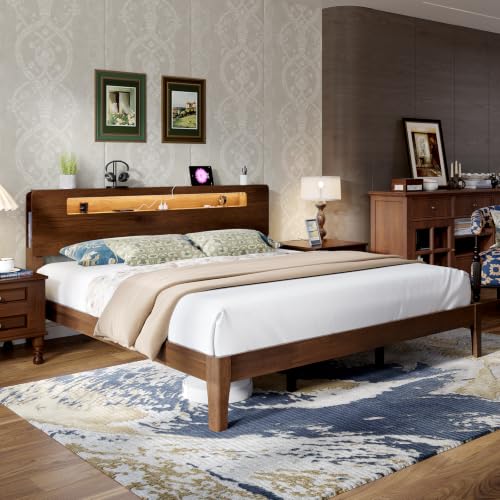 Novilla King Bed Frame with Storage Headboard, Charger & LED, Walnut Finish by Novilla - Used condition - US$368.59
