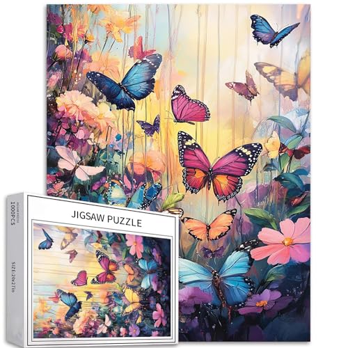 Mariposas en el jardín - Rompecabezas de 1000 piezas para adultos, exquisito fondo de flores, rompecabezas coloridos para decoración del hogar, regalos, rompecabezas familiar, perfecto para noches de