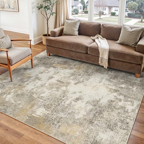PureCozy Abstraktes Teppich Wohnzimmer 160x230cm rutschfest Kurzflor Kunstwolle Schlafzimmer Teppich Waschbar Minimalistisch Bettvorleger Teppiche Braun-Grau für Wohnzimmer Schlafzimmer Bere
