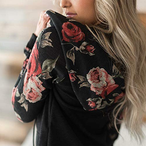 Temofon Womens Floral Hoodies Long Sleeve Drawstring Casual Sweatshirts Pullover Tops With Pockets Black S #TOP2