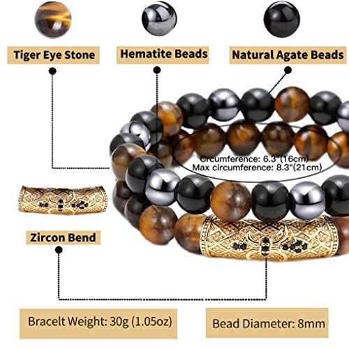 2Pcs Triple Protection Bracelet,Natural Tigers Eye Black Obsidian and Hematite 8 MM Beads Bracelet for Men Women Gift, Healing Crystal Bracelets Bring Luck and Prosperity and Happiness (Yellow)