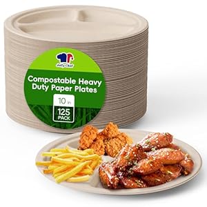 JOLLY CHEF Compostable 3 Compartment Paper Plates 10 Inch [125 Pack] Heavy Duty Divided Disposable Plates Eco-Friendly Bagasse Biodegradable Plate Round Trays for Party Dinner Lunch(Brown)