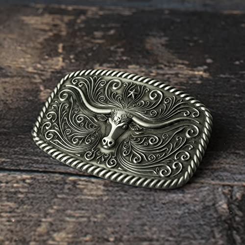 Western Longhorn Bull Rodeo Belt Buckle-Antique Silver Large, For Men & Women #TOP2