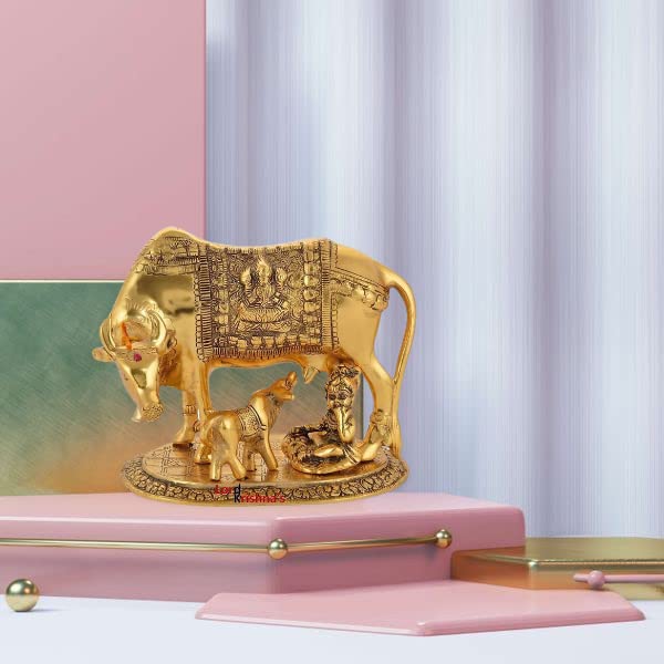 Cow Calf Idol Golden Metal Krishana Cow (Free Mini Ganesha fSDF