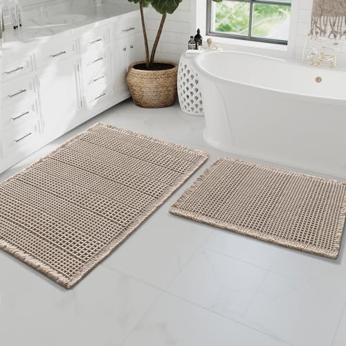 H.VERSAILTEX Waffle Bath Mat Super Absorbent Bathroom Mats Non Slip Bath Rugs for Bathroom Floor Machine Washable Ultra Soft Bathroom Rugs for Beside Tub, (32 x 20 Plus 24 x 17 - Inches, Iri
