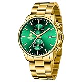 golden hour men s watches with gold stainless steel metal strap fashion casual waterproof chronograph quartz watch auto date in green dial
