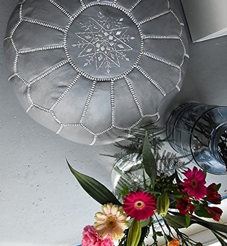 Artouarzazate Premium Moroccan Leather Pouf Cover - Round & Large Ottoman Footstool Cover With Embroidery - Cover Only - Perfect For The Living Room Bedroom, Kids Room, Gift & Wedding (Grey) #TOP2