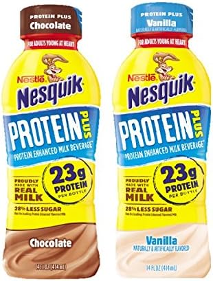 Nestle Nesquik Protein Plus Milk, 2 Flavor Variety Pack, 14 oz Plastic Bottles (Pack of 12)