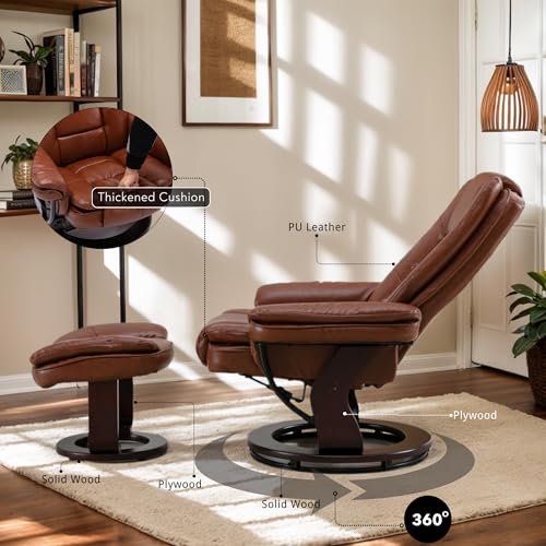 Image of Swivel Recliner Chair with Ottoman Reclining Lounge Sofa Footrest, Set of 1 | 360Sturdy Wood Base, Soft PU Leather, Upholstered Ultra-Plush Foam, Modern Armchair, Living Room Bedroom Office Reading Home