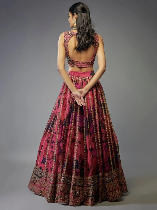 Image of piludi Women's Pink Floral Printed Unstitched Lehenga Choli with Embroidered Blouse and Dupatta
