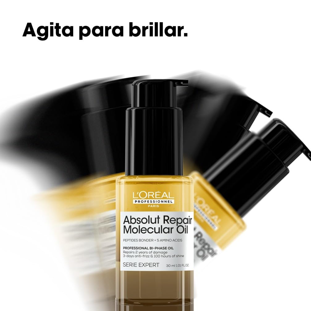 L'Oréal Professionnel Absolut Repair Molecular Aceite Bifásico Reparador 100 Horas de Brillo Antifrizz Protector Térmico Sin Aclarado