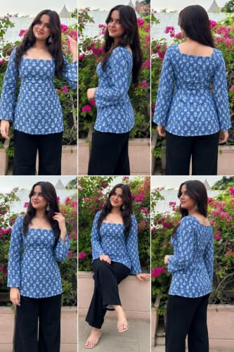 Image of Women's Rayon Printed Short Kurti | Straight Fit Casual Ethnic Top | Square Neck Full Sleeve Ladies Kurti Office College