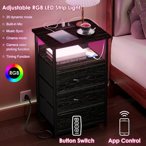 image for Fixwal Night Stand with Charging Station, LED Nightstand with Fabric D