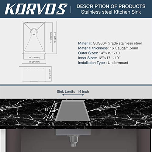 Korvos Bar Sink, Kitchen Sink 14’’X19’’ Workstation Ledge, Handmade 16 Gauge Sus304 Stainless Steel Undermount Single Bowl Kitchen Sink With Bamboo Cutting Board #TOP4