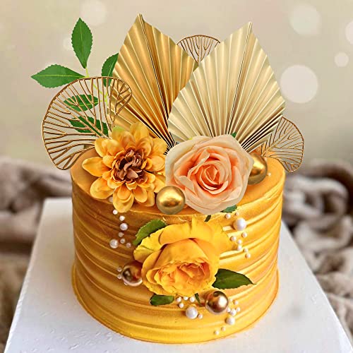 10Pcs Boho Cake Topper Flower Cake Topper Gold Palm Leaves Cake Decorations With Artificial Cotton Rose Ginkgo Leaves And Balls For Birthday Party Wedding Baby Shower Boho Themed Party Supplies #TOP3