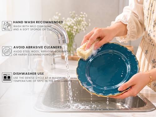 Image of Bodhi House 6-Piece Gold Rim Porcelain Dinner Set | Plates & Bowls Set | Lightweight, Chip Resistant, | Dishwasher Safe | Ideal for Home Dining, Parties & Gifting Tableware Set | Teal