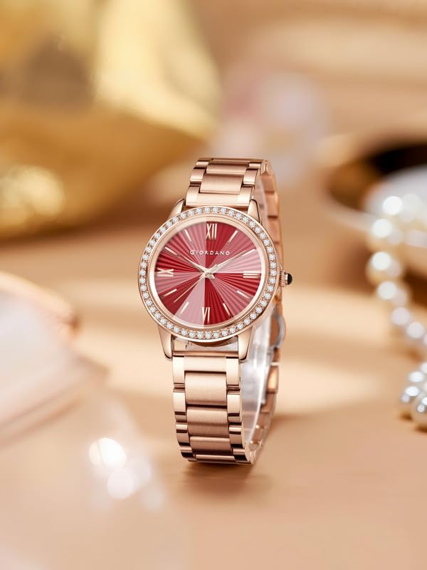 Image of Giordano Analog Watch for Women with Sunray Round Dial, Crystal Studded Bezel, Roman Numerals Markers, Quartz Movement and Rose Gold Stainless Steel Strap - GZ-60118