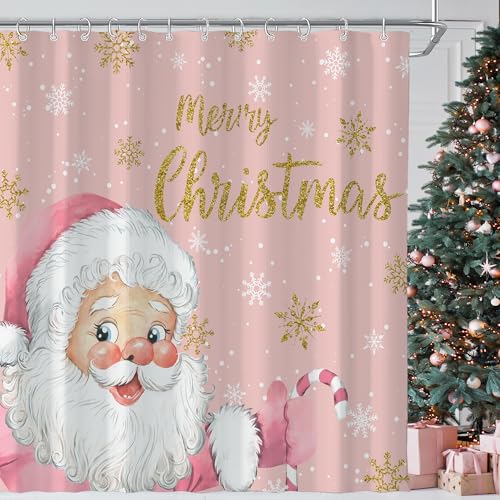 Christmas Santa Claus Shower Curtain for Bathroom 72W*72H Inch Merry Christmas Pink Santa Claus Funny Xmas Winter Snowflake Holiday New Year Decorations Bathtub Decor Waterproof Polyester Fabric Set