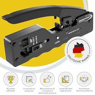 RedStar24 Crimpatrice RJ45 Ethernet – Strumento LAN per connettori RJ45 (CAT7/CAT6a/CAT6/CAT5e) + RJ11/RJ12 – Pinza crimpatrice per cavi di rete e telefonici, 6/8 poli