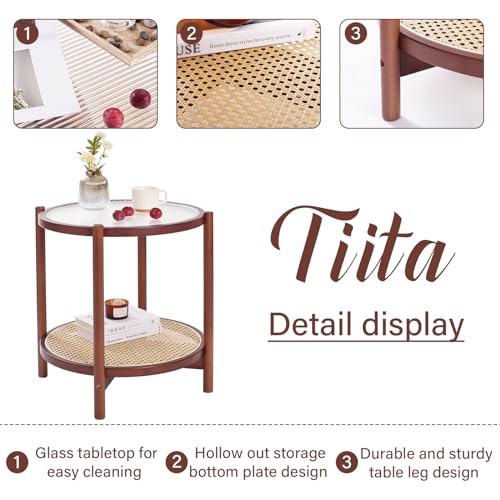 Image of Tiita Walnut Rattan End Table with Storage, Bamboo Glass Top Side Table | Open Storage Keeps Books and Decor Organized, Coordinated Pieces Fit Beside Sofas or Beds in Living Rooms and Bedrooms