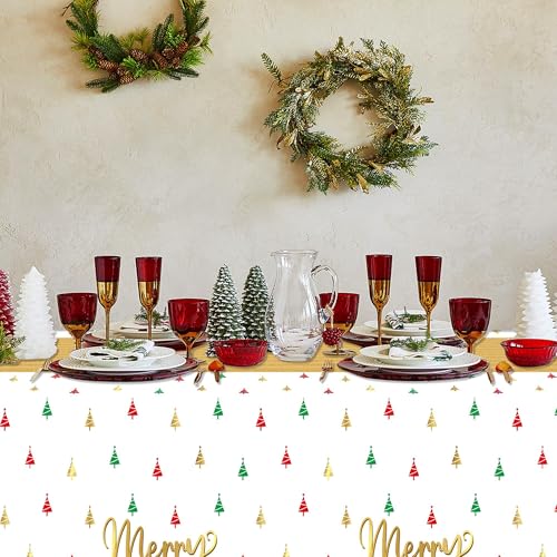 Image of Christmas Winter Waterproof Tablecloths - 3 Packs Gold White Mini Christmas Tree Tablecloths Colorful Waterproof Table Cover Merry Bright Disposable Plastic Tablecloth Xmas Party Table Decor