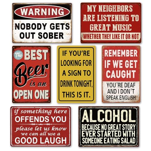 Funny Bar Signs for Home Bar Wall Decor - 7 Piece Set Vintage Garage Metal Signs Man Cave Decor for Men Personalized Basement Bar Accessories & Outdoor Decorations (812 Inch) - Housewarming Gifts