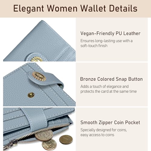 Image of Kelvoris Small Rfid Women Wallet Bifold Zipper Coin Pocket Blue | PU Leather Compact Cash Credit Card Holder Travel Purse for Female Ladies Teen Girls 1 ID Window 10 Card Slots