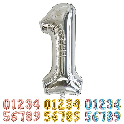 Ponmoo Foil Ballon Chiffre 1 Argenté, Grands Numéro 0 1 2 3 4 5 7 8 10-19 20-29 30-39 40 50 60 70 80 90 100, Décoration de Ballons Géants pour Mariages...