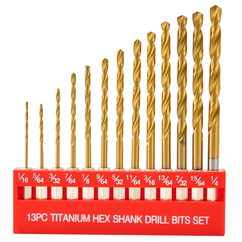 StratMet 13pcs HSS Drill Bit Set, Titanium Coating High Speed Steel Drill Bit Set (1/16'-1/4') for Sheet Metal, Wood, Plastic, Quick Change Design