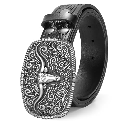 Western Belt for Men Women Cowboy Engraved Belt Western Buckle Embossed Leather Belt