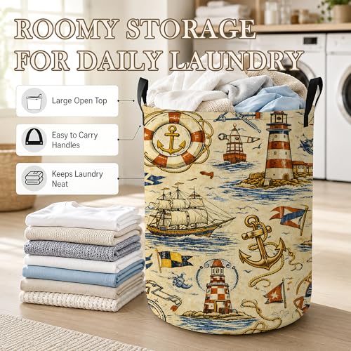 Image of Nautical Lighthouse Laundry Basket, Anchor Ship Collapsible Laundry Hamper Waterproof Oxford Cloth With Handles, Clothes Storage Bucket For Bathroom /Bedroom 16 inch x 20.8 inch
