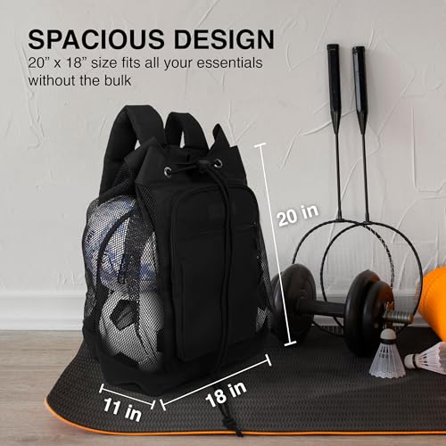 Fitdom Heavy Duty Small Mesh Equipment Ball Bag w/Adjustable Backpack Shoulder Strap Design for Coach. 2 Different Size Compartments. Perfect for Soccer Football Volleyball Basketball & Water Sports - Thumbnail 5